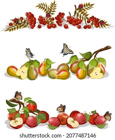Vector set of berries and fruits.Apples, pears, berries and butterflies in a color vector set on a transparent background.