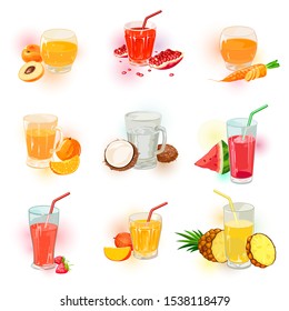 Vector set with berry, vegetable and fruit juice assortment. Cold drinks menu. Relaxing and joyful holiday, weekend with delicious beverages. Cartoon collection isolated on white background.