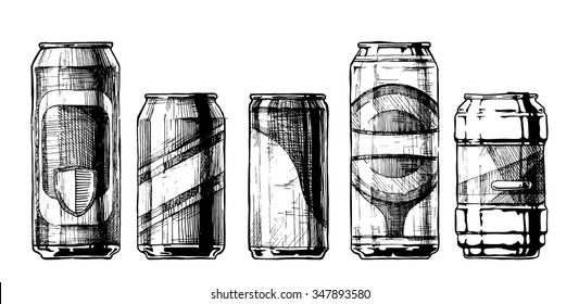 Vector set of beverage cans in ink hand drawn style. isolated on white. Beercan.