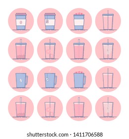 Vector set of beverage icons. Hot drinks - coffee, tea, cocoa, hot chocolate with marshmallow. Cold - lemonade, soda pop, smoothie, bubble tea, ice tea. Isolated in circle. Flat design.