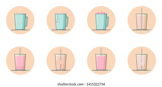 Vector set of beverage icons. Hot - coffee, tea, cocoa, chocolate with marshmallow. Cold - lemonade, soda pop, smoothie, bubble tea, ice tea. Isolated in circle. Flat design. Mint and pink colors.