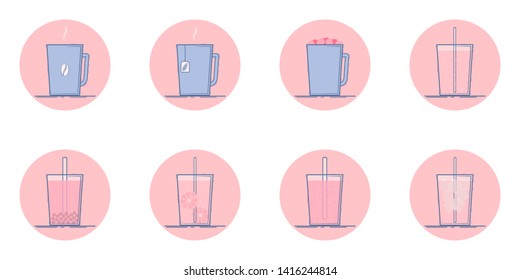 Vector set of beverage icons. Hot - coffee, tea, cocoa, chocolate with marshmallow. Cold - lemonade, soda pop, smoothie, bubble tea, ice tea. Isolated in circle. Flat design.