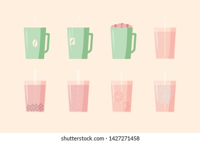 Vector set of beverage icons. Hot - coffee, tea, cocoa, chocolate with marshmallow. Cold - lemonade, soda pop, smoothie, bubble tea, ice tea. Flat design. Watermelon colors.