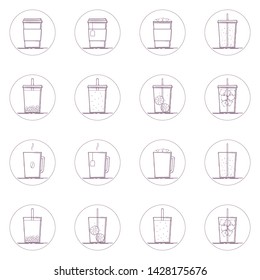 Vector set of beverage icons. Hot and cold drinks: coffee, tea, marshmallow cocoa, hot chocolate, bubble tea, lemonade, sparkling water, smoothie. Line icon in circle. Isolated on white background.