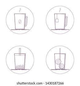 Vector set of beverage icons. Hot and cold drinks: coffee, tea in a mug, bubble tea, lemonade in a glass. Line icon in circle. Isolated on white background.