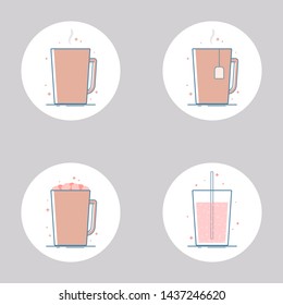 Vector set of beverage icons. Hot drinks - coffee, tea, marshmallow cocoa, hot chocolate. Cold drinks -  soda pop, lemonade, sparkling water. Isolated in circle. Flat design.