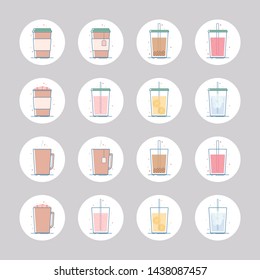 Vector set of beverage icons. Hot drinks - coffee, tea, cocoa, hot chocolate with marshmallow. Cold - lemonade, soda pop, smoothie, bubble tea, ice tea. Isolated in circle. Flat design.