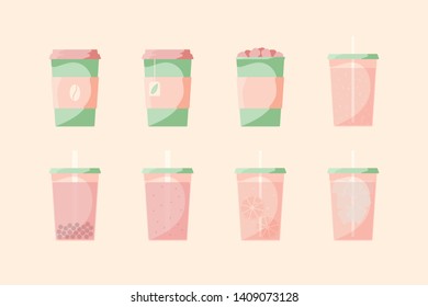 Vector set of beverage icons. Soft drinks for take away. Hot - coffee, tea, cocoa, chocolate. Cold - lemonade, soda pop, smoothie, bubble tea, ice tea. Watermelon colors.