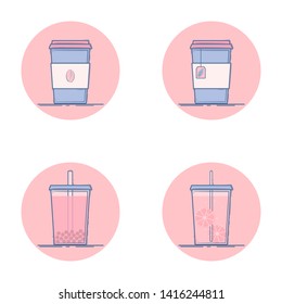 Vector set of beverage icons. Soft drink for take away. Hot - coffee, tea. Cold - lemonade, bubble tea. Isolated in circle. Flat design.