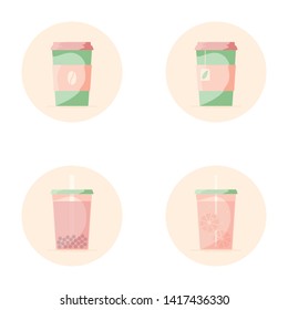 Vector set of beverage icons. Soft drinks for take away. Hot - coffee, tea. Cold - lemonade, bubble tea. Watermelon colors.