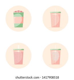 Vector set of beverage icons. Soft drinks for take away. Hot - cocoa, chocolate. Cold - lemonade, soda pop, smoothie, ice tea. Watermelon colors.