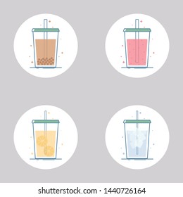 Vector set of beverage icons. Soft cold drinks for take away - bubble tea, lemonade, soda pop, smoothie, ice tea. Isolated in circle. Flat design.