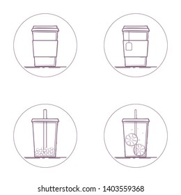 Vector set of beverage icons. Take away drinks: coffee, tea, bubble tea, lemonade. Line icon in circle. Isolated on white background.