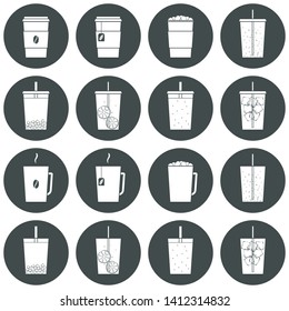 Vector set of beverage icons. Trasparent, no fill on cup. Isolated in circle. Soft drinks, hot - coffee, tea, cocoa, chocolate. cold - lemonade, soda pop, smoothie, bubble tea, ice tea.