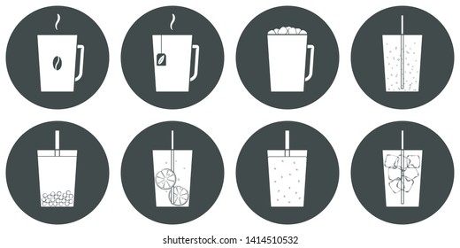 Vector set of beverage icons. Trasparent, no fill on cup. Isolated in circle. Soft drinks, hot - coffee, tea, cocoa, chocolate. cold - lemonade, soda pop, smoothie, bubble tea, ice tea.