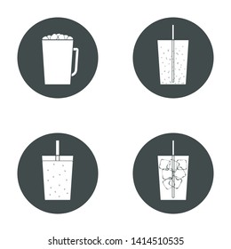 Vector set of beverage icons. Trasparent, no fill on cup. Isolated in circle. Soft drinks, hot - cocoa, chocolate with marshmallow. cold - lemonade, soda pop, smoothie, ice tea.