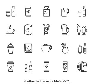 Vector set of beverage line icons. Contains icons water, juice, milk, soda, cocktail, energy drink, milkshake, coffee and more. Pixel perfect.