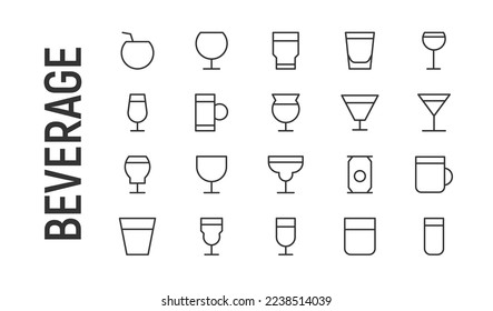 Vector set of beverage thin line icons. Design of 20 stroke pictograms. Signs of beverage isolated on a white background.