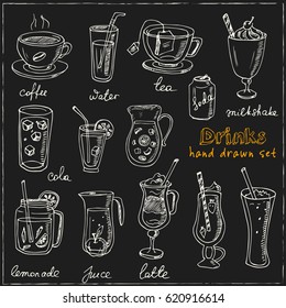 Vector set with beverages hand drawn doodles on white background. Tea, coffee, lemonade,cocktails, smoothie. Illustration for menus, recipes and packages product