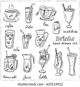 Vector set with beverages hand drawn doodles. Tea, coffee, lemonade,cocktails, smoothie. Illustration for menus, recipes and packages product