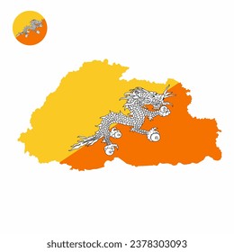 Vector set of Bhutan high detailed map flag and national flag round badge isolated on white background.