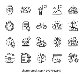 Vector set of Bicycle, Cardio calendar and Sports stadium line icons set. Arena stadium, Cardio bike and Best result icons. Dumbbells, Leadership and Winner signs. Bicycle web symbol. Vector