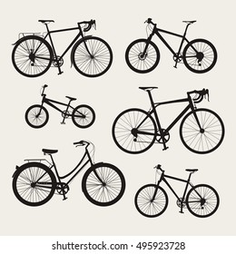 Vector set of bicycle icons in flat style. Guide of bike types. Poster with six bicycles silhouettes (racing/ road bike, touring bike, mountain bike, BMX, hybrid and city bike).