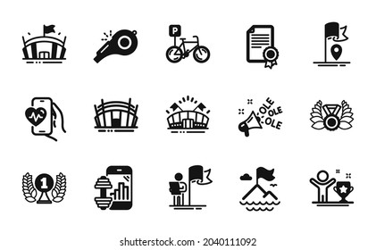 Vector set of Bicycle parking, Leadership and Sports arena icons simple set. Arena, Cardio training and Fitness app icons. Ole chant, Laureate award and Whistle signs. Vector