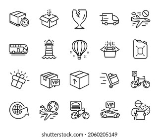 Vector set of Bicycle parking, Package and Get box line icons set. Cancel flight, Fragile package and International flight icons. Lighthouse, Packing boxes and Air balloon signs. Vector