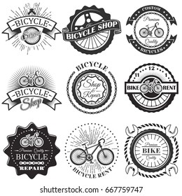 Vector set of bicycle repair shop labels and design elements in vintage black and white style. Bike logo, symbols, emblems.