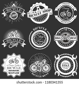 Vector set of bicycle shop repair rent service emblems, badges, labels, logo in retro style. Vintage chalkboard bike symbols, icons, typography design elements.