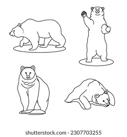 Vector set of big brown bear in different poses. Suitable for coloring books
