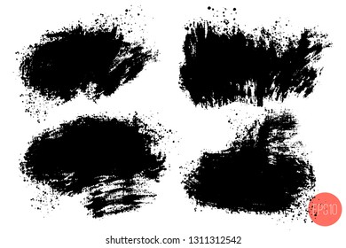 Vector set of big hand drawn brush strokes with splashes, stains for backdrops. Monochrome design elements set. One color monochrome artistic hand drawn backgrounds various shapes.