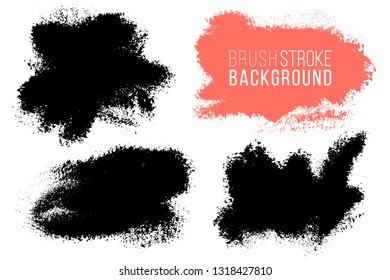 Vector set of big hand drawn brush strokes with splashes, stains for backdrops. Monochrome design elements set. One color monochrome artistic hand drawn backgrounds various shapes.