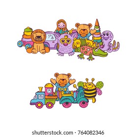 Vector set of big kid toys piles hand drawn and colored isolated on white background. Illustration of toy kid for play, hand sketch bear and pyramid