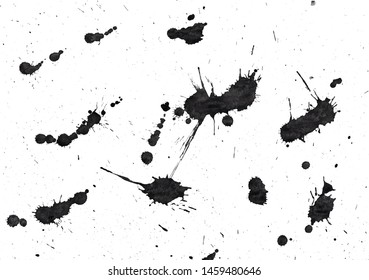 Vector set set of big and small clots with splashes and drops. Hand-drawn illustration with translucent ink texture. Can be used for illustration, collage, zine, web background, card.