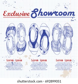 Vector set, biggest shoes sale, hand drawn womens sneakers, color sketch. Big sale