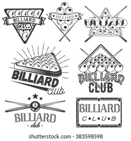 Vector set of billiard labels in vintage style. Sport concept. Billiard cue and balls. Design elements, retro emblems and icons isolated on white background. 