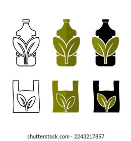 Vector set of biodegradable bottles and plastic bag eco-friendly, plastic bags and bottles with leaf icons