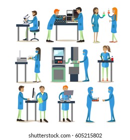 Vector set of biologists, chemists, physicists carrying out experiments isolated on white background. Scientists and laboratory equipment concept design elements, icons in flat style.