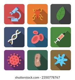 Vector set of Biology icons flat style with long shadow. Microscope, insect, dna, red blood cell, syringe, virus, germ, bacterium vector illustration. Logo design