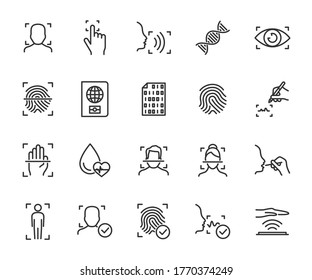 Vector Set Of Biometric Line Icons. Contains Icons Fingerprint, Face Identification, Voice Recognition, DNA, Blood Type, Eye Scan, Digital Signature And More. Pixel Perfect.