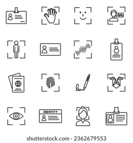 Vector Set of Biometric Related  Line Icons. biometric authorization, identification and verification symbols. Fingerprint recognition, eye and palm scanning, face and voice authentication.