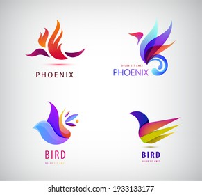 Vector set of bird logos, icons, illustrations in trendy colorful geometric style. Phoenix, dove, freedom, flight concept