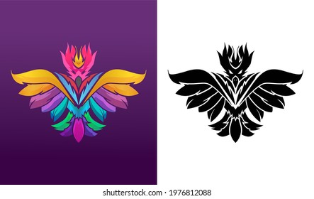 Vector set of bird logos, icons, illustrations in trendy colorful geometric style. Phoenix, dove, freedom, flight concept, black and full colour