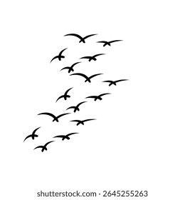 Vector set of bird silhouettes in flight, depicting a graceful flock against a clean white background. Ideal for tattoo designs, wall art, or nature-inspired projects, capturing the elegance.