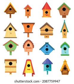 Conjunto vectores de casas de aves, dibujos animados, casas artesanales de madera, edificios de árboles para aves