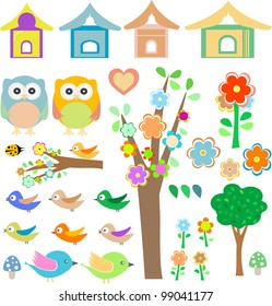 vector set birds with birdhouses, owls, trees and flowers