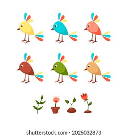 Vector set of birds of different colors and a number of flowers and leaves. Bright summer. Cute child animals. 