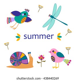 Vector set -  birds, dragonfly,snail   etc . Templates on white background.